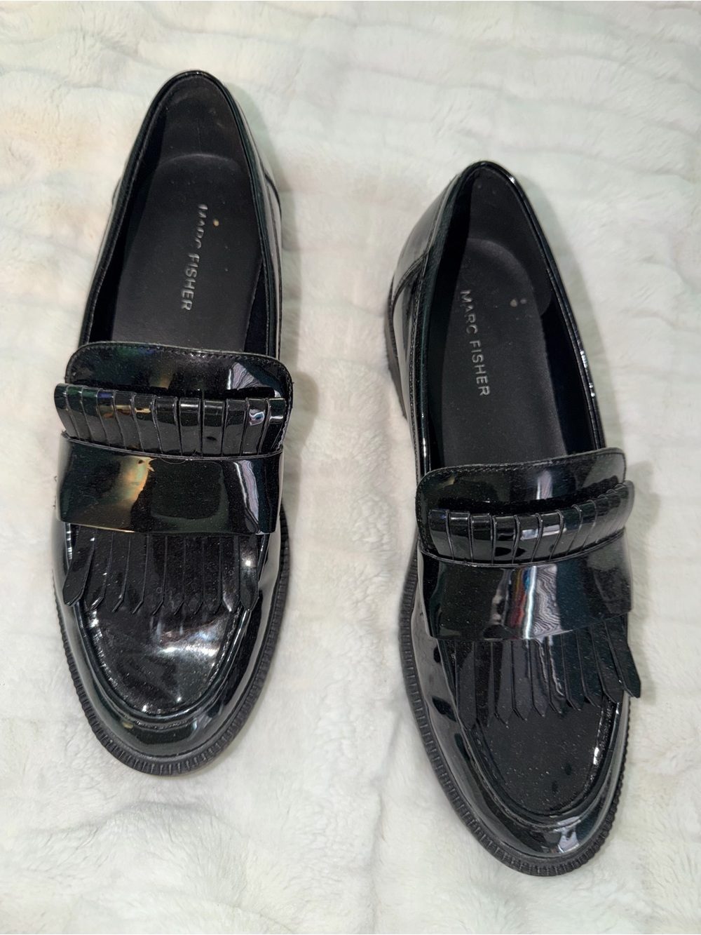 Marc Fisher Black Patent Kiltie Fringe Loafers